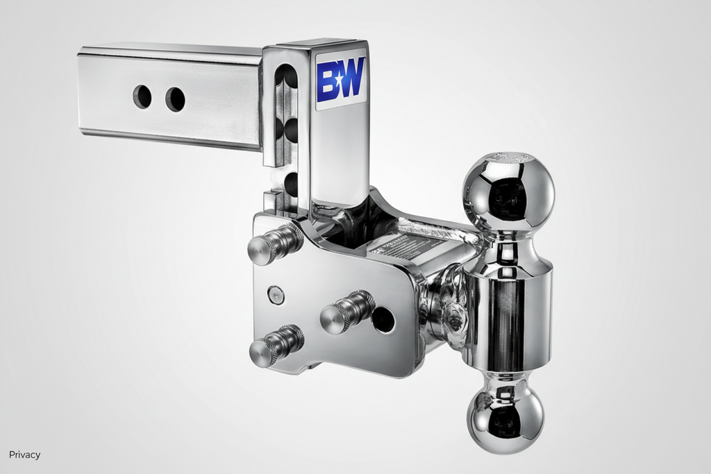 Chrome trailer hitch with 'BW' logo on a white background