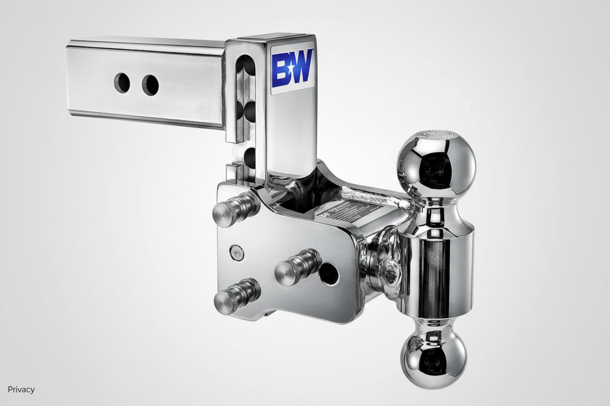 Chrome trailer hitch with 'BW' logo on a white background