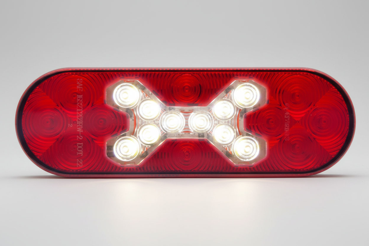 Fusion LED Hardwired Trailer Light - Stop, Tail, Turn, Backup - Oval - Red/Clear X Lens - 20 Diodes